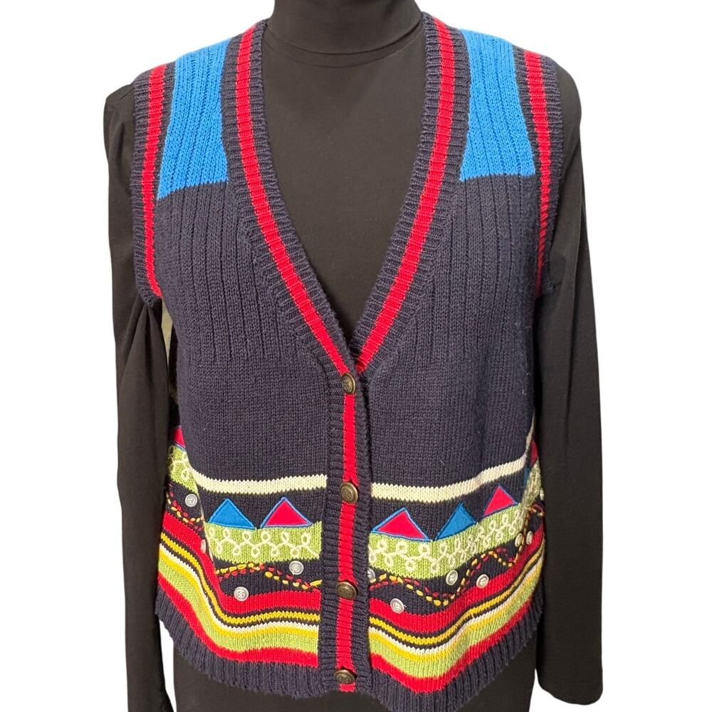 Carole Little Vintage Sweater Vest wearable art Primary Colors Embellished Sz M